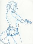  back breasts feline female gun jonas-pride lion lioness shorts side_boob solo topless weapon 