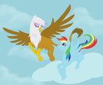  avian blue blue_fur brown brown_fur cloud clouds equine female feral flying friendship_is_magic fur gilda_(mlp) gryphon hair horse mammal multi-colored_hair my_little_pony pegasus pony rainbow_dash_(mlp) rainbow_hair red_eyes sky unknown_artist white white_feathers wings 