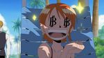  :d anime beach_chair bikini blush cloud earrings money nami one_piece open_mouth orange_hair teeth twinkle 