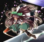  arm_cannon asymmetrical_clothes bow brown_hair cape green_bow hair_bow highres long_hair mismatched_footwear red_eyes reiuji_utsuho solo thighhighs torichiyo touhou weapon wings 