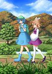  backpack bag blonde_hair blue_eyes blue_hair bluepony boots grass hair_bobbles hair_ornament hands_together hat highres kawashiro_nitori key moriya_suwako mountain multiple_girls open_mouth path road short_hair sleeves_past_wrists smile thighhighs touhou tree two_side_up walking water white_legwear 