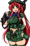  alternate_costume blush braid goggles goggles_on_head green_legwear gun hand_on_hip hong_meiling long_hair midriff navel okiraku_nikku open_mouth red_eyes red_hair rifle solo thighhighs touhou twin_braids very_long_hair weapon zettai_ryouiki 