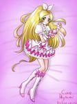  blonde_hair boots bow brooch character_name choker cure_rhythm earrings eyelashes frills full_body green_eyes hair_ribbon heart high_heels jewelry knee_boots long_hair magical_girl minamino_kanade precure ribbon ruriruri shoes skirt smile solo suite_precure white_choker wrist_cuffs 