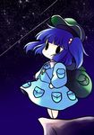  :3 absurdres backpack bag blue_hair chibi cliff hair_bobbles hair_ornament hat highres kawashiro_nitori key night night_sky o_o pocket shooting_star short_hair sky solo star star_(sky) starry_sky touhou two_side_up yume_shokunin 