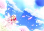  blonde_hair bloom bow cherry_blossoms closed_eyes cloud day dress dutch_angle fairy_wings flower hat light_rays lily_white natsumikan open_mouth outstretched_arms petals sky smile solo spread_arms spring_(season) sunbeam sunlight touhou wings 