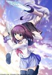  angel_beats! beretta_92 blazer gun hand_sonic handgun hirata_katsuzou jacket long_hair multiple_girls non-web_source official_art pistol school_uniform serafuku short_hair sky tenshi_(angel_beats!) thighhighs weapon yuri_(angel_beats!) zettai_ryouiki 