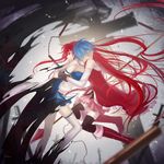  bad_id bad_pixiv_id bare_shoulders black_legwear blue_eyes blue_hair blurry boots cape depth_of_field detached_sleeves floating_hair flying hug long_hair magical_girl mahou_shoujo_madoka_magica miki_sayaka multiple_girls polearm profile red_eyes red_hair robinexile sakura_kyouko short_hair spear sword thighhighs very_long_hair weapon zettai_ryouiki 