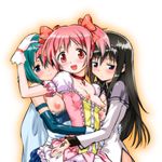  :d akemi_homura aqua_hair armband asymmetrical_docking bangs bare_shoulders black_hair blue_eyes blush bow breast_press breasts breasts_outside buttons cape choker dress elbow_gloves flat_chest gem girl_sandwich gloves hair_bow hand_on_another's_head hug hug_from_behind jewelry kaname_madoka long_hair looking_at_viewer magical_girl mahou_shoujo_madoka_magica miki_sayaka multiple_girls nipple_slip nipples no_bra open_clothes open_mouth open_shirt pendant pink_eyes pink_hair puffy_sleeves purple_eyes red_choker sandwiched shirt short_dress short_hair short_twintails small_breasts smile turtleneck twintails umedama_nabu white_gloves yuri 