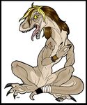  ambiguous_gender bandage bracelet brown brown_hair claws dinosaur hair holly_massey jewelry long_hair naturally_censored nude open_mouth raptor scalie sitting solo star tail tattoo teeth white_background yellow_eyes 