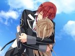  1girl artist_request brown_hair closed_eyes from_behind game_cg hug long_hair long_sleeves red_hair sleeve_cuffs starry_sky_(game) tomoe_you very_long_hair yahisa_tsukiko 