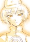  blush elizabeth_(persona) hand_on_own_chest hat monochrome persona persona_3 segami_daisuke short_hair smile solo 