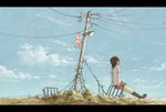  bad_id bad_pixiv_id black_legwear blue_sky brown_hair cable cloud cola_(gotouryouta) day from_behind grass ground lamp lamppost letterboxed original outdoors outstretched_leg pleated_skirt power_lines scenery school_uniform shoes short_hair sitting skirt sky socks solo 