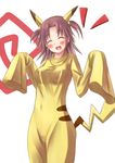 animal_ears blush breasts brown_hair closed_eyes cosplay costume eyes_closed female infinite_stratos nohotoke_honne open_mouth pikachu pikachu_(cosplay) pokemon short_twintails sleeves_past_wrists smile solo tail twintails white_background 