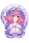  blush breast_mousepad breasts cleavage cleavage_cutout eyelashes hat large_breasts mole mousepad pink_eyes pink_hair red_eyes riyun_(halodark) saigyouji_yuyuko short_hair solo touhou triangular_headpiece 