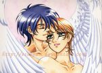  bare_shoulders black_hair blue_hair brown_hair couple eyes_closed green_eyes kanzaki_hitomi lips looking_back love nude short_hair smile tagme tenkuu_no_escaflowne van_fanel wings 