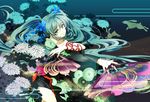  alternate_costume aqua_eyes aqua_hair bunny fan flower folding_fan hatsune_miku japanese_clothes kimono long_hair nail_polish off_shoulder shuri_(84k) smile solo twintails very_long_hair vocaloid 