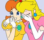  2girls blond_hair blonde_hair blue_eyes brooch brown_hair crown dress earrings facepalm gloves jewelry laughing long_gloves mario_(series) multiple_girls nintendo open_mouth orange_hair princess_daisy princess_peach reaction_image smile super_mario super_mario_bros. super_mario_land 