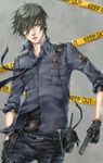  badge blue_eyes caution_tape dr. gloves grey_hair gun keep_out male_focus necktie original police police_uniform solo uniform walkie-talkie weapon 