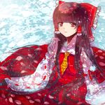  bad_id bad_pixiv_id bangs blunt_bangs bow brown_eyes brown_hair cherry_blossoms chirosuke detached_sleeves dress hair_bow hair_tubes hakurei_reimu highres long_hair long_sleeves petals red_dress sitting solo touhou very_long_hair wide_sleeves 