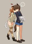  2girls angela_salas_larrazabal animal_ears blush brown_hair cat_ears cat_girl cat_tail chikiso closed_eyes grey_background heart horse_ears horse_girl horse_tail imminent_kiss multiple_girls panties paper patricia_schade simple_background skirt spoken_exclamation_mark striped striped_legwear tail thighhighs underwear world_witches_series yellow_eyes yuri 