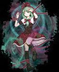  boots bow dress frills front_ponytail green_eyes green_hair hair_bow hair_ribbon kagiyama_hina kurage_(artist) magic_circle one_eye_closed ribbon solo touhou 