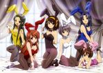  absurdres animal_ears arm_behind_back artist_request asahina_mikuru asakura_ryouko bare_legs black_legwear blue_eyes blue_hair bow bowtie breasts brown_eyes brown_hair bunny_ears bunny_girl bunnysuit cleavage fang hairband high_heels highres kneeling kyon_no_imouto large_breasts legs lens_flare long_hair lying medium_breasts mole mole_on_breast multiple_girls nagato_yuki no_socks non-web_source official_art on_stomach open_mouth orange_hairband pantyhose purple_hair shoes small_breasts smile sparkle suzumiya_haruhi suzumiya_haruhi_no_yuuutsu tsuruya wrist_cuffs yellow_eyes 