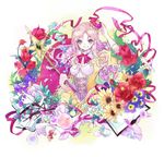  alchemy apple atelier_(series) atelier_meruru bad_id bad_pixiv_id blonde_hair blue_eyes book bow candy crown dress feathers flask flower food fruit gradient_hair grapes half_updo holding long_hair merurulince_rede_arls multicolored multicolored_eyes multicolored_hair mushroom oboro_keisuke purple_eyes purple_hair red_bow red_flower red_rose ribbon rose round-bottom_flask smile solo star wand 