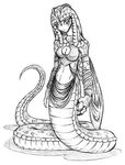  artist_request black_and_white breasts cleavage hood jewelry lamia monochrome monster_girl naga necklace scales simple_background snake tail 