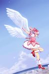  absurdres angel_wings bad_id bad_pixiv_id bow bubble_skirt cityscape cloud day dress flying gloves hair_bow high_heels highres kaname_madoka magical_girl mahou_shoujo_madoka_magica misu_kasumi ocean open_mouth pink_eyes pink_hair ribbon shoe_ribbon shoes short_hair short_twintails skirt sky solo twintails wings 