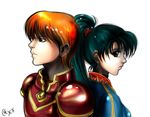  armor back-to-back back_to_back couple fire_emblem fire_emblem:_rekka_no_ken fire_emblem_blazing_sword green_eyes green_hair kent kent_(fire_emblem) knight lips long_hair looking_back lyn lyndis_(fire_emblem) orange_hair ponytail red_eyes sad short_hair 