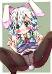  :&lt; animal_ears black_legwear blue_eyes braid bunny_ears bunny_tail child crotch_seam izayoi_sakuya no_pants panties panties_under_pantyhose pantyhose short_hair silver_hair solo spread_legs tail tora_(torayarou) touhou twin_braids underwear 