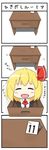  4koma :d ^_^ ascot blonde_hair blush_stickers chibi closed_eyes comic commentary desk drawer fang hair_ribbon highres is_that_so musashino_udon open_mouth pun ribbon rumia short_hair smile solo touhou translated 