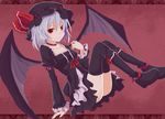  alternate_costume arm_support bat_wings black_legwear blue_hair boots choker collarbone dress dutch_angle hat heno51 red_eyes remilia_scarlet short_hair smile solo thighhighs touhou wings 