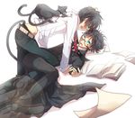  ao_no_exorcist artist_request blue_eyes brothers cat glasses kuro_(ao_no_exorcist) male_focus multiple_boys okumura_rin okumura_yukio pointy_ears school_uniform siblings tail yaoi 