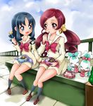  2girls :d ^_^ black_legwear blue_eyes blue_hair blush bow chopsticks chypre_(heartcatch_precure!) closed_eyes coffret_(heartcatch_precure!) eating eyelashes food full_body hair_ornament hairpin hanasaki_tsubomi happy heartcatch_precure! kneehighs kurumi_erika loafers long_hair mascot multiple_girls myoudou_gakuen_middle_school_uniform obentou open_mouth pink_bow pink_eyes precure red_hair ribbon school_uniform shoes sitting skirt smile twintails 