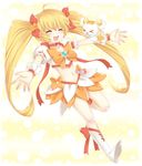  :d blonde_hair boots bow choker closed_eyes cure_sunshine hair_ribbon happy heart heartcatch_precure! knee_boots long_hair magical_girl midriff myoudouin_itsuki navel open_mouth orange_bow orange_choker orange_skirt outstretched_arms potpourri_(heartcatch_precure!) precure ribbon skirt smile spread_arms twintails very_long_hair yellow yellow_background yui_(spica) 