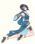  black_hair blue_eyes clenched_teeth japanese_clothes kneeling naruto onemu_hormone sandals shizune_(naruto) short_hair simple_background solo teeth traditional_art traditional_media weapon 