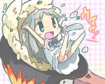  :d ano_hi_mita_hana_no_namae_wo_bokutachi_wa_mada_shiranai. blue_eyes blush_stickers chibi commentary_request dress fire flipping_food food fried_rice frying_pan honma_meiko in_food long_hair minigirl open_mouth outstretched_arms panties pantyshot silver_hair smile solo spread_arms striped striped_panties ueshita underwear 