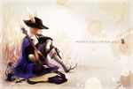  2011 animal_ears bad_id bad_pixiv_id blonde_hair boots brooch bunny_ears cape dagger gloves hat instrument jewelry lamp lute_(instrument) male_focus new_year oil_lamp original pouch sitting solo tachikawa_mushimaro weapon 