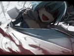  blood bloody_tears blue_eyes blue_hair cape crazy_eyes foreshortening gloves letterboxed magical_girl mahou_shoujo_madoka_magica miki_sayaka ookuma_(nitroplus) open_mouth perspective solo sword tears weapon 
