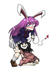  animal_ears barefoot black_hair blush bunny_ears dress ear_grab inaba_tewi jacket leg_cling leg_grab long_hair multiple_girls nanigashi_yakko necktie open_mouth purple_hair reisen_udongein_inaba shoes short_hair skirt socks touhou yuri 