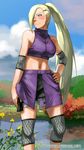  blonde_hair blue_eyes earrings fishnets hair_ornament hair_over_one_eye hairclip hand_on_hip hips jewelry long_hair midriff naruto navel ponytail shuriken_(artist) solo standing water yamanaka_ino 