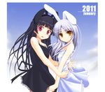  2girls absurdres angel_beats! animal_ears black_hair bunny_ears crossover dress gokou_ruri hanazawa_kana highres long_hair mizuki_saeka mole mole_under_eye multiple_girls ore_no_imouto_ga_konna_ni_kawaii_wake_ga_nai red_eyes seiyuu_connection silver_hair sundress tenshi_(angel_beats!) yellow_eyes 