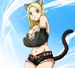  angry animal_ears bell belt blonde_hair blush breasts brown_eyes cap cat_ears cat_girl cat_tail catgirl cleavage cloud clouds fairy_tail gloves hotpants large_breasts long_hair lucy_heartfilia midriff navel no_bra screencap short_shorts shorts sky solo tail 