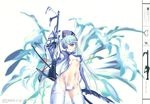  absurdres blue_hair choco copyright_request earrings elbow_gloves fixed flower gloves gun hat highres jewelry knife long_hair navel_piercing piercing rifle solo stud_earrings sword thighhighs weapon 
