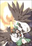  arm_cannon black_eyes black_hair bow cape firing hair_bow highres long_hair natsue open_mouth reiuji_utsuho solo touhou weapon wings 