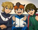  3boys black_eyes blonde_hair blue_eyes brown_hair endou_mamoru fideo_aldena green_eyes inazuma_eleven inazuma_eleven_(series) mark_kluger mark_kruger multiple_boys smile sport_uniform 