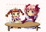  :d ahoge apron blue_eyes blush braid brown_hair choker enoo extra food fried_rice green_eyes hair_ornament hair_ribbon hairpin happy jewelry kneeling long_hair multiple_girls open_mouth pantyhose pink_hair plate raquel_applegate ribbon rice shirt short_twintails simple_background smile table twintails two_side_up unnamed_daughter_(wild_arms) wild_arms wild_arms_4 