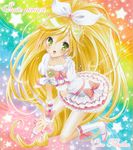  ayuayu bad_id bad_pixiv_id blonde_hair blush boots bow character_name choker copyright_name cure_rhythm dress eyelashes hair_bow knee_boots long_hair magical_girl minamino_kanade precure rainbow_background solo star starry_background suite_precure white_choker 