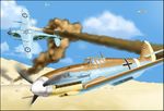  aircraft airplane bf_109 cloud commentary_request damaged day desert fire hurricane_(airplane) military no_humans original shoki_(tel) sky smoke world_war_ii 